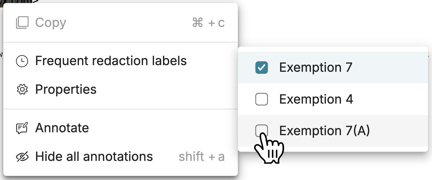 Menu options for redaction labels with selected Exemption 7 highlighted.